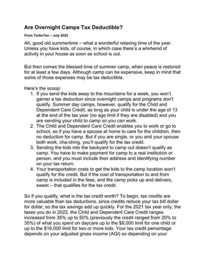 Are overnight camps tax deductible?