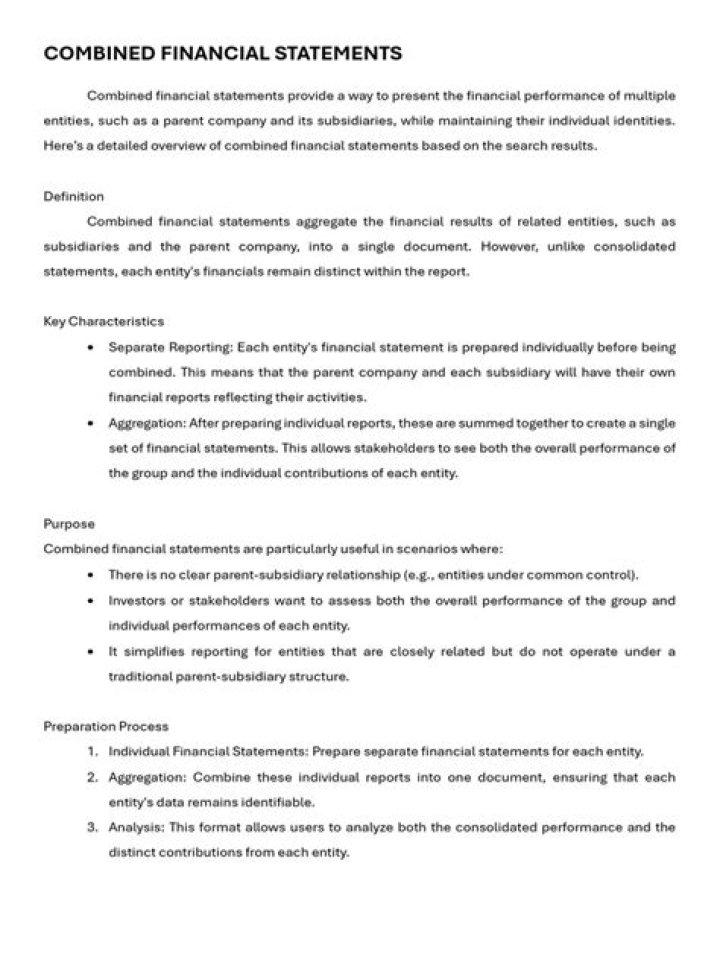 What is the purpose of working paper for combined financial statements?